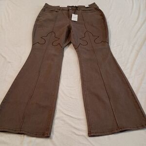 Judy Blue High Waist Garment Dyed Brown Knee Seam Detail Flare Jeans Size 16W